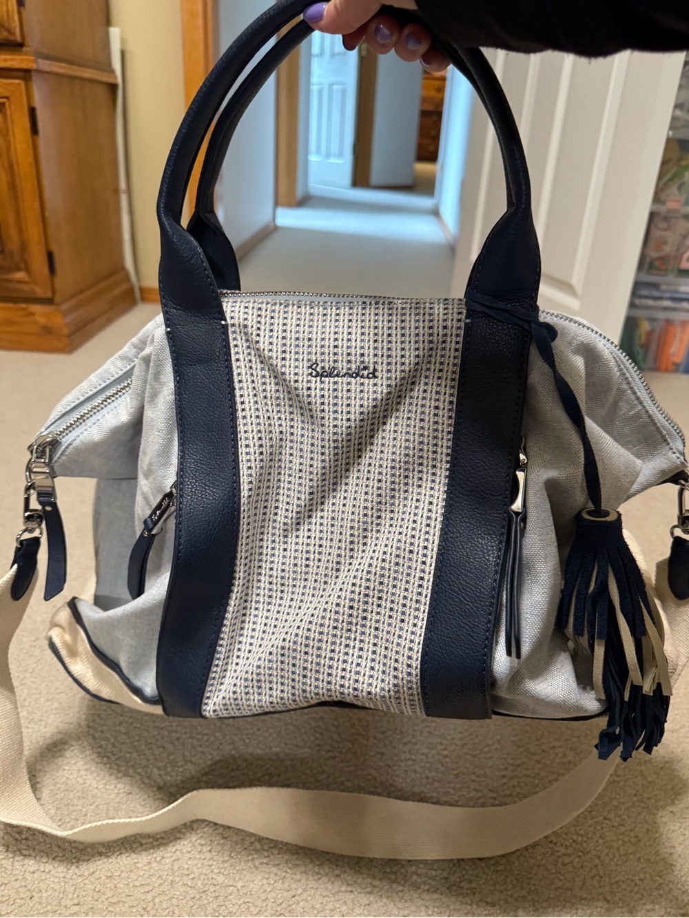 Splendid Navy and Cream Woven Tote with Tassel